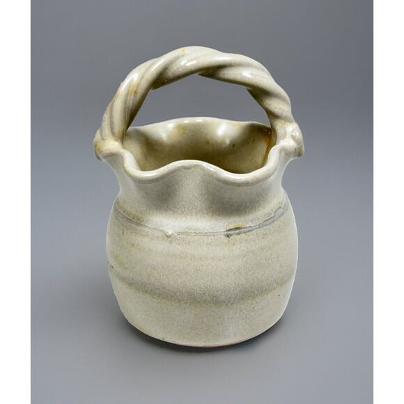 Studio Pottery Miniature Vase Basket Braided Handle 3" Folk Art Ruffled Rustic - Picture 3 of 6